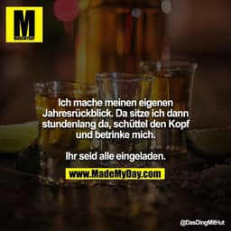 Ich mache meinen eigenen Jahresrückblick. Da sitze ich dann stundenlang da, schüttel den Kopf und betrinke mich.

Ihr se