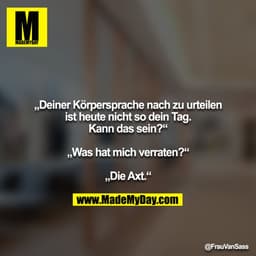 „Deiner Körpersprache nach zu urteilen ist heute nicht so dein Tag. Kann das sein?“

„Was hat mich verraten?“

„Die Axt.