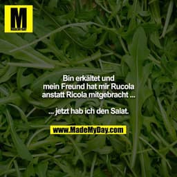 Bin erkältet und mein Freund hat mir Rucola anstatt Ricola mitgebracht ...

... jetzt hab ich den Salat.