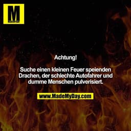 Achtung!

Suche einen kleinen Feuer speienden Drachen, der schlechte Autofahrer und dumme Menschen pulverisiert.