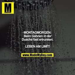 MONTAGMORGEN:
Beim Gähnen in der Dusche fast ertrunken.

LEBEN AM LIMIT!