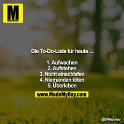 Die To-Do-Liste für heute ...

1. Aufwachen
2. Aufstehen
3. Nicht einschlafen
4. Niemanden töten
5. Überleben