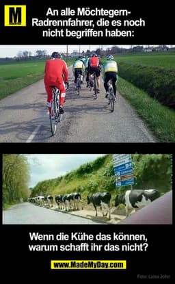 An alle MöchtegernM
Radrennfahrer, die es noch
nicht begriffen haben:
Wenn die Kühe das können,
warum schafft ihr das ni