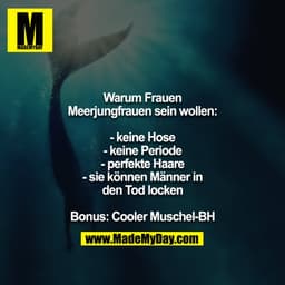 Warum Frauen Meerjungfrauen sein wollen:

- keine Hose
- keine Periode
- perfekte Haare
- sie können Männer in den Tod l