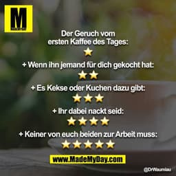 Der Geruch vom ersten Kaffee des Tages:
⭐️

+ Wenn ihn jemand für dich gekocht hat:
⭐️⭐️

+ Es Kekse oder Kuchen dazu gi