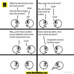 Willst du den Kuchen wirklich noch essen?
Japp.
Hast du keine Angst, dass das ansetzt?
Nö.
Was, wenn du zunimmst?
Und?
N