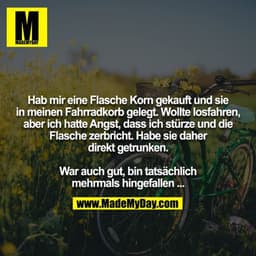 Hab mir eine Flasche Korn gekauft und sie in meinen Fahrradkorb gelegt. Wollte losfahren, aber ich hatte Angst, dass ich