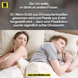 Sie: Ich wette,
er denkt an andere Frauen.
Er: Wenn Erdöl aus Dinosaurierfossilien
gewonnen wird und Plastik aus Erdöl
h