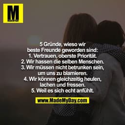 5 Gründe, wieso wir beste Freunde geworden sind: 
1. Vertrauen, oberste Priorität. 
2. Wir hassen die selben Menschen. 

