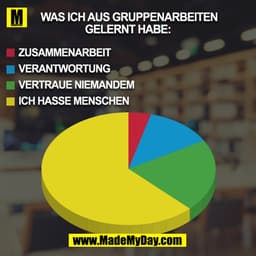 WAS ICH AUS GRUPPENARBEITEN
GELERNT HABE:
ZUSAMMENARBEIT
VERANTWORTUNG
VERTRAUE NIEMANDEM
ICH HASSE MENSCHEN
