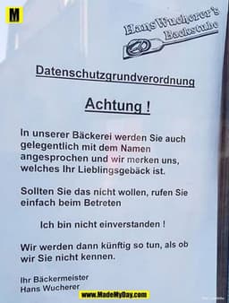 Datenschutzgrundverordnung, Achtung, Bäcker,Hans Wucherer, Bäckerei, Namen, angesprochen, Lieblingsgebäck, nicht, einver