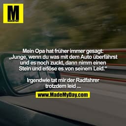 Mein Opa hat früher immer gesagt: „Junge, wenn du was mit dem Auto überfährst und es noch zuckt, dann nimm einen Stein u