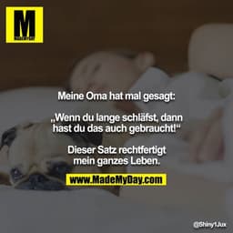 Meine Oma hat mal gesagt:

„Wenn du lange schläfst, dann hast du das auch gebraucht!“

Dieser Satz rechtfertigt mein gan