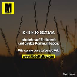 ICH BIN SO SELTSAM.

Ich stehe auf Ehrlichkeit und direkte Kommunikation.

Wie so ’ne aussterbende Art.
