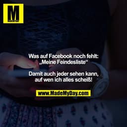 Was auf Facebook noch fehlt:
„Meine Feindesliste“

Damit auch jeder sehen kann, auf wen ich alles scheiß!