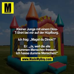 Kleiner Junge mit einem Dino-T-Shirt bei mir auf der Hüpfburg. 

Ich frag: „Magst du Dinos?“

Er: „Ja, weil die alle dum