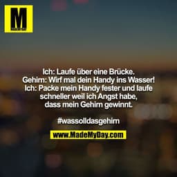 Ich: Laufe über eine Brücke.
Gehirn: Wirf mal dein Handy ins Wasser!
Ich: Packe mein Handy fester und laufe schneller we