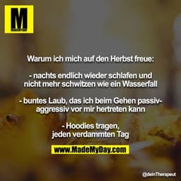 Warum ich mich auf den Herbst freue:

- nachts endlich wieder schlafen und nicht mehr schwitzen wie ein Wasserfall
- bun