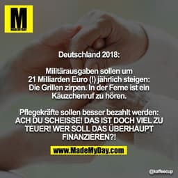 Deutschland 2018:

Militärausgaben sollen um 21 Milliarden Euro (!) jährlich steigen: Die Grillen zirpen. In der Ferne i