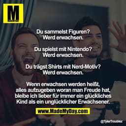 Du sammelst Figuren?
Werd erwachsen.

Du spielst mit Nintendo?
Werd erwachsen.

Du trägst Shirts mit Nerd-Motiv?
Werd er