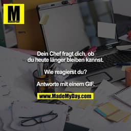 Dein Chef fragt dich, ob du heute länger bleiben kannst.

Wie reagierst du?

Antworte mit einem GIF.