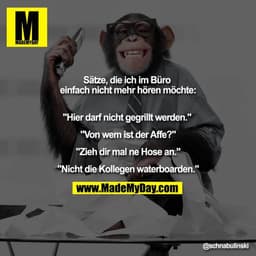 Sätze, die ich im Büro einfach nicht mehr hören möchte:

"Hier darf nicht gegrillt werden." 
"Von wem ist der Affe?"
"Zi