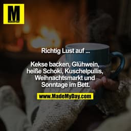 Richtig Lust auf ...

Kekse backen, Glühwein, heiße Schoki, Kuschelpullis, Weihnachtsmarkt und Sonntage im Bett.