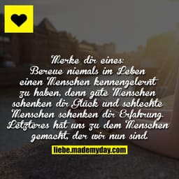 Merke dir eines: Bereue niemals im Leben einen Menschen kennengelernt zu haben, denn gute Menschen schenken dir Glück un