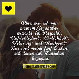 Alles, was ich von meinem Gegenüber erwarte,
ist "Respekt", "Aufrichtigkeit", "Ehrlichkeit",
"Toleranz" und "Rückgrat". 