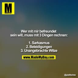 Wer mit mir befreundet sein will, muss mit 3 Dingen rechnen:

1. Sarkasmus
2. Beleidigungen
3. Unangebrachte Witze