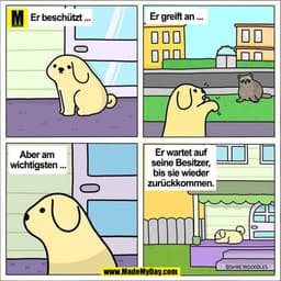 Er greift an ...
Er beschützt ...
Er wartet auf
Aber am
seine Besitzer,
wichtigsten...
bis sie wieder
zurückkommen.
@SHR