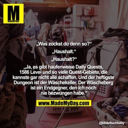 „Was zockst du denn so?“
„Haushalt.“
„Haushalt?“
„Ja, es gibt haufenweise Daily Quests, 1586 Level und so viele Quest-Ge
