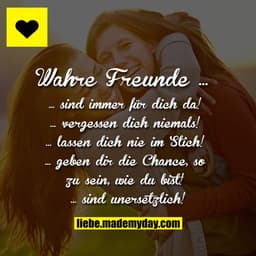 Wahre Freunde …
… sind immer für dich da!
… vergessen dich niemals!
… lassen dich nie im Stich!
… geben dir die Chance, 
