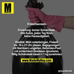 Erwachsensein.

Erwartung: Immer Schokolade, drei Autos, jeden Tag Kino, keine Hausaufgaben.

Realität: Müll runterbring