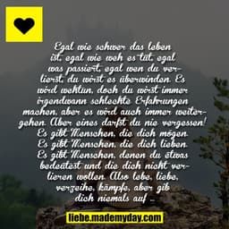 Egal wie schwer das leben ist, egal wie weh es tut, egal was passiert, egal wen du verlierst, du wirst es überwinden. Es