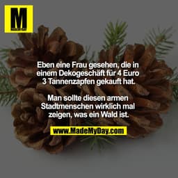 Eben eine Frau gesehen, die in einem Dekogeschäft für 4 Euro 3 Tannenzapfen gekauft hat.

Man sollte diesen Armen Stadtm