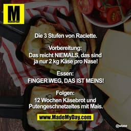 Die 3 Stufen von Raclette.

Vorbereitung: 
Das reicht NIEMALS, das sind ja nur 2 kg Käse pro Nase!

Essen: 
FINGER WEG, 