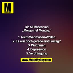 Die 5 Phasen von
"Morgen ist Montag."

1. Nicht-Wahrhaben-Wollen
2. Es war doch gerade erst Freitag?
3. Wuttränen
4. Dep