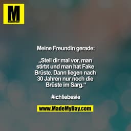 Meine Freundin gerade:

,,Stell dir mal vor, man stirbt und man hat Fake Brüste. Dann liegen nach 30 Jahren nur noch die