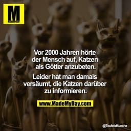 Vor 2000 Jahren hörte der Mensch auf, Katzen als Götter anzubeten.

Leider hat man damals versäumt, die Katzen darüber z