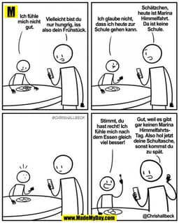 Ich fühle mich nicht gut.
Vielleicht bist du nur hungrig, also iss dein Frühstück.
Ich glaube nicht, dass ich heute zur 