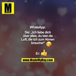 "WhatsApp:
Sie: „Ich liebe dich
über alles, du bist die
Luft, die ich zum Atmen
brauche!“ :-* (küss-smilie)

Er:????"