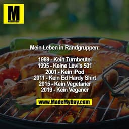 Mein Leben in Randgruppen:

1989- Kein Turnbeutel
1995 - Keine Levi's 501
2001 - Kein iPod
2011 - Kein Ed Hardy Shirt
20