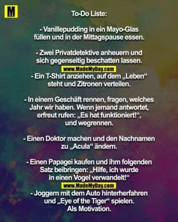 To-Do Liste:

- Vanillepudding in ein Mayo-Glas
füllen und in der Mittagspause essen.

- Zwei Privatdetektive anheuern u