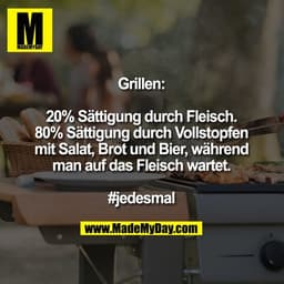 Grillen:

20% Sättigung durch Fleisch.
80% Sättigung durch Vollstopfen mit Salat, Brot und Bier, während man auf das Fle
