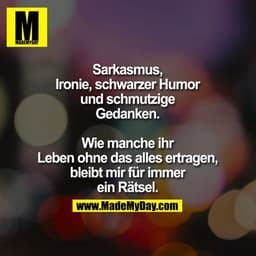 Sarkasmus, Ironie,
schwarzer Humor und
schmutzige Gedanken.
Wie manche ihr Leben
ohne das alles ertragen,
bleibt mir für