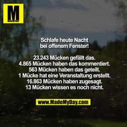 Schlafe heute Nacht bei offenem Fenster!

23.243 Mücken gefällt das.
4.865 Mücken haben das kommentiert.
563 Mücken habe