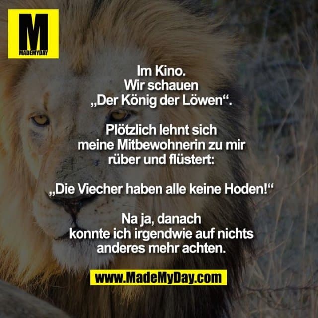 Im Kino.
Wir schauen
„Der König der Löwen“.
Plötzlich lehnt sich
meine Mitbewohnerin zu mir
rüber und flüstert:
„Die Viecher haben alle keine Hoden!“
Na ja, danach
konnte ich irgendwie auf nichts
anderes mehr achten. - Inspiration, Zitate & Sprüche | MadeMyDay | Jetzt entdecken & teilen Im Kino.
Wir schauen
„Der König der Löwen“.
Plötzlich lehnt sich
meine Mitbewohnerin zu mir
rüber und flüstert:
„Die Viecher haben alle keine Hoden!“
Na ja, danach
konnte ich irgendwie auf nichts
anderes mehr achten. - Inspirierendes Zitat mit Bild