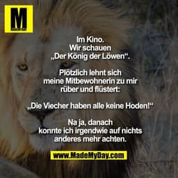 Im Kino.
Wir schauen
„Der König der Löwen“.

Plötzlich lehnt sich
meine Mitbewohnerin zu mir
rüber und flüstert:

„Die V