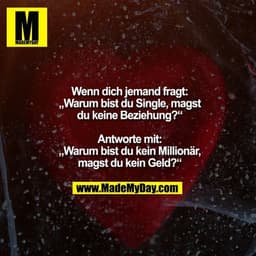 Wenn dich jemand fragt:
„Warum bist du Single, magst
du keine Beziehung?“

Antworte mit:
„Warum bist du kein Millionär,
